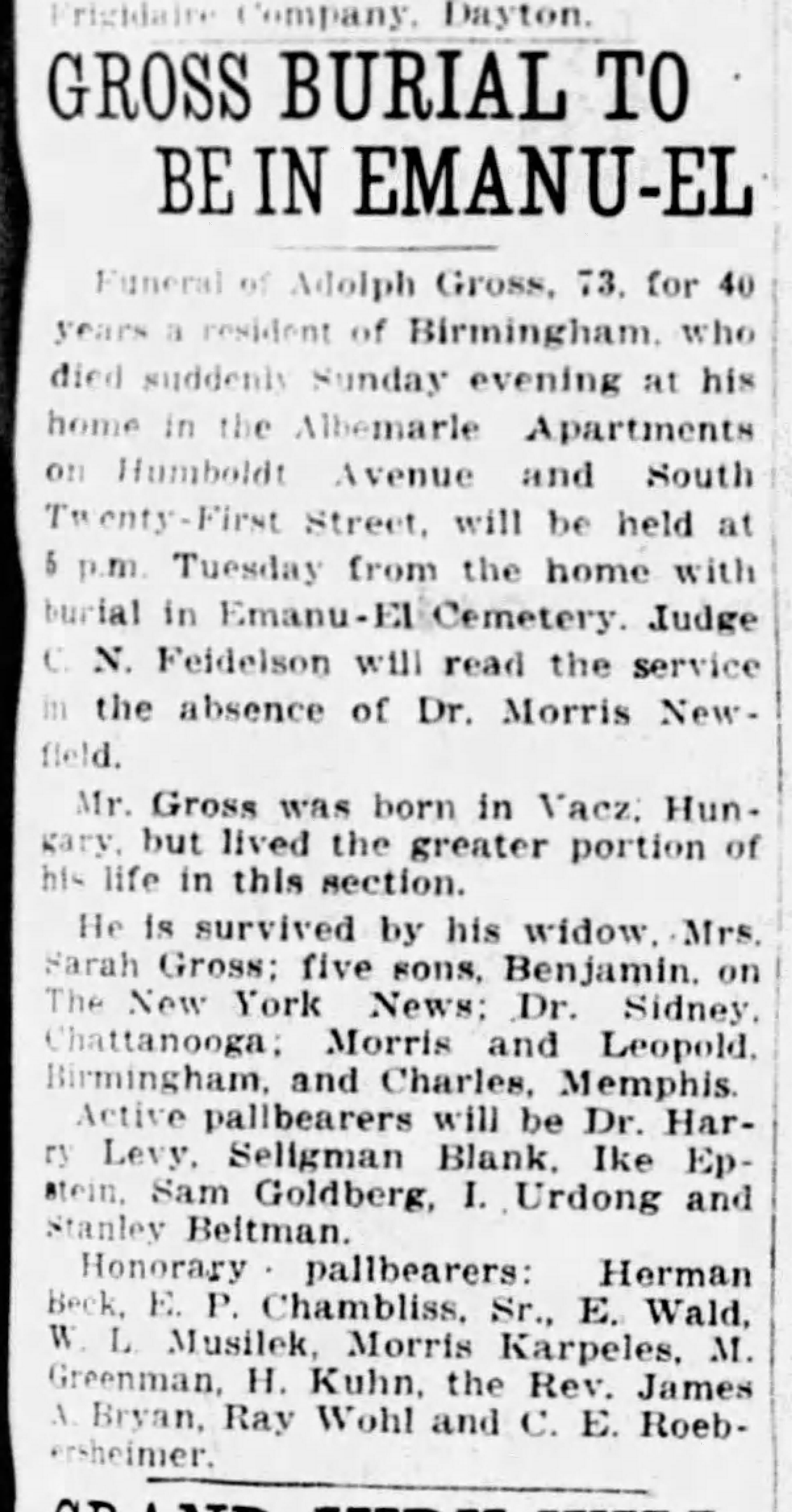 Adolf Gross obituary